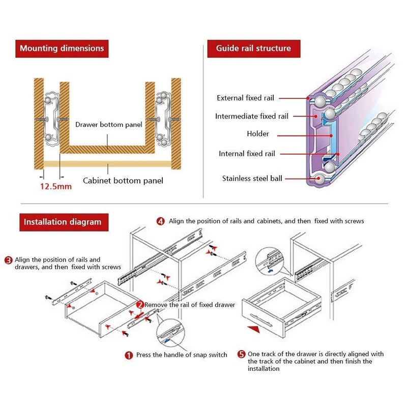 URBEST Drawer Slides 9 Inch Full Extension 3 Sections Ball Bearing Telescopic Slide Rails (9Inch) - Image 4